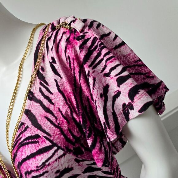 COOGI Y2K Ruched Plunge Zebra Print Mini Dress in Electric Hot Pink - Picture 4 of 16
